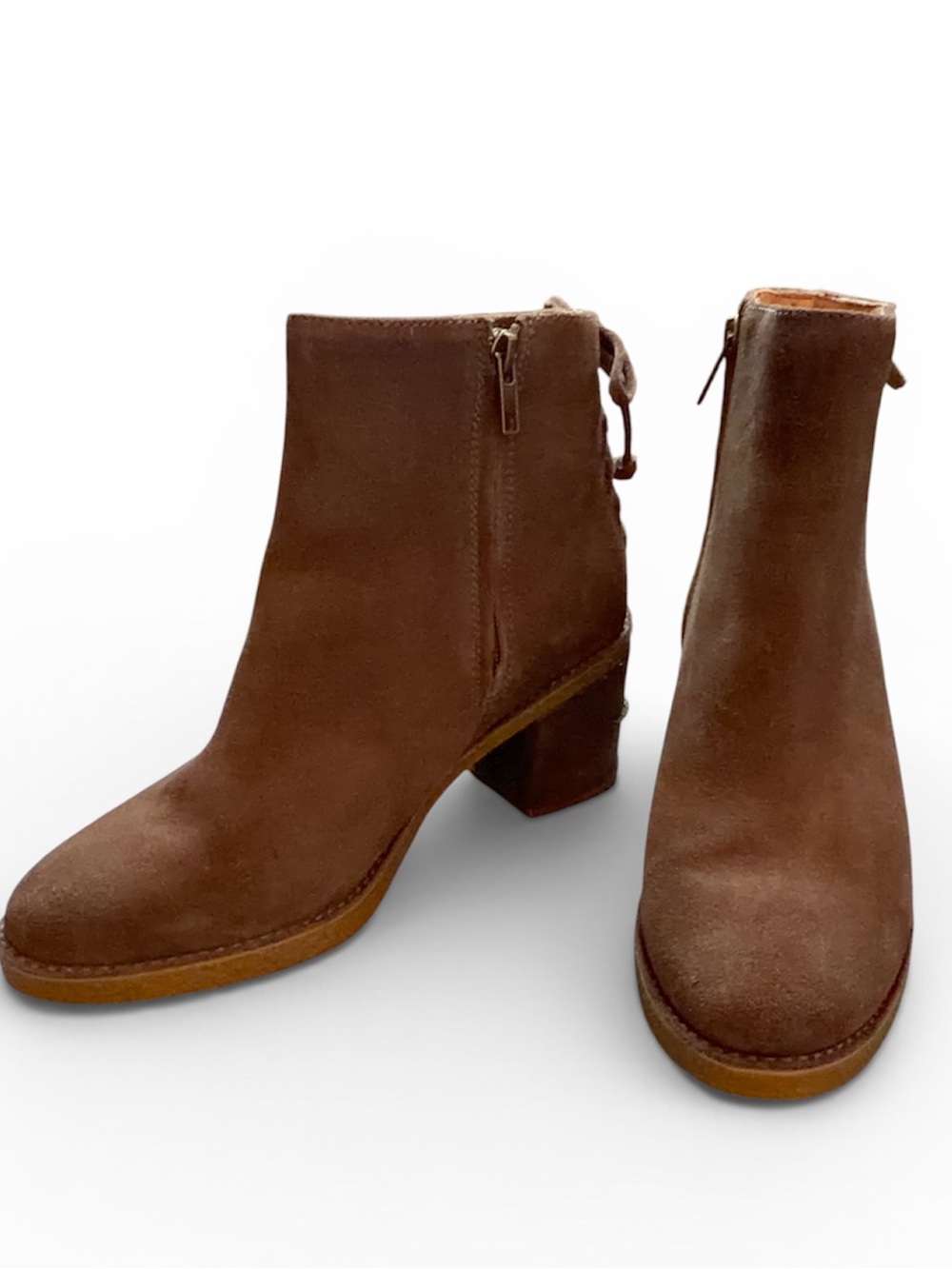 UGG Corrine Brown Suede Ankle Booties Lace Back Side Zip Block Heel Size 9